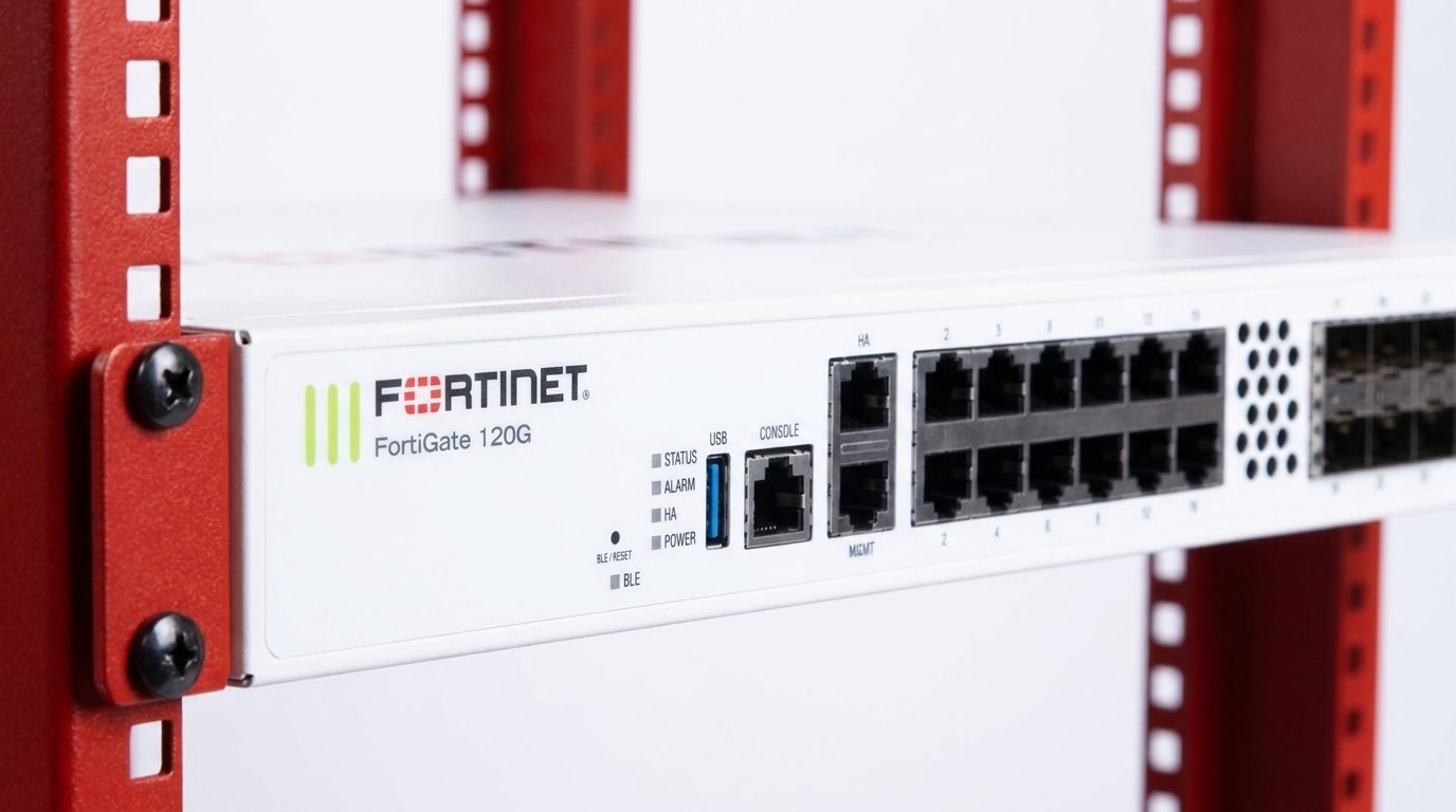 Detalle del panel frontal de un firewall FortiGate de alta gama