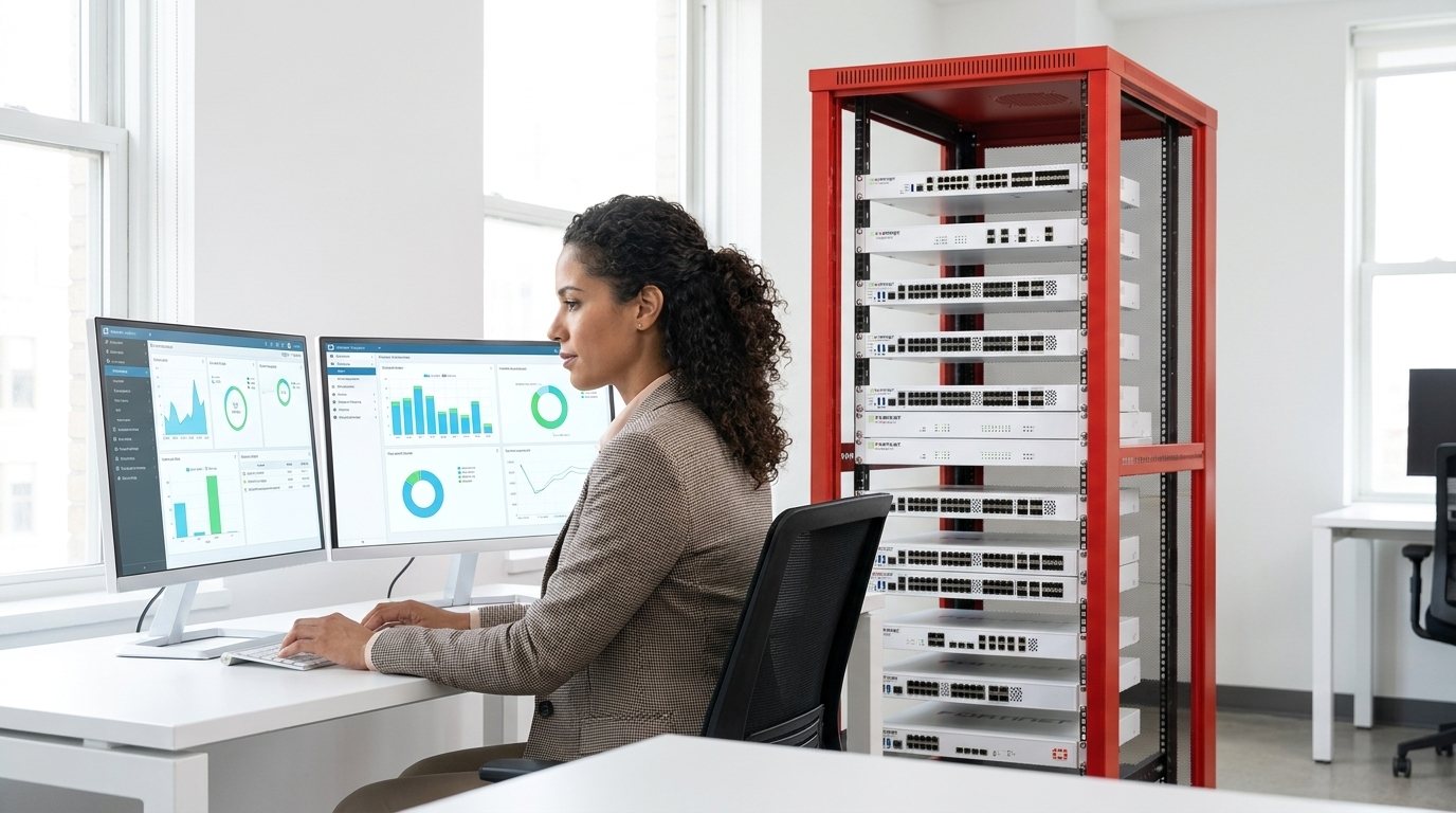 Ingeniero de operaciones supervisando firewalls virtuales desde un NOC